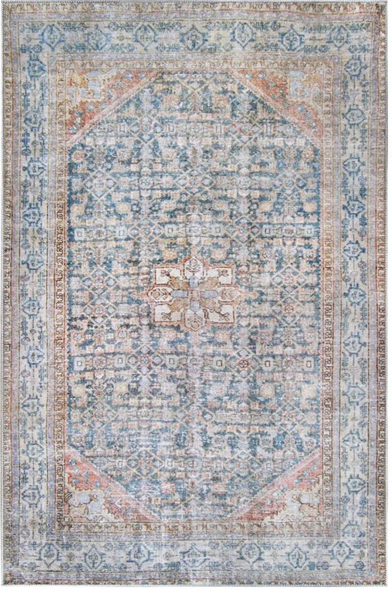 5' X 7' Latte and Blue Oriental Medallion Stain Resistant Area Rug Photo 1