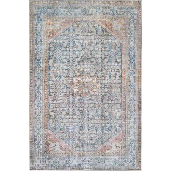 5' X 7' Latte and Blue Oriental Medallion Stain Resistant Area Rug Photo 1