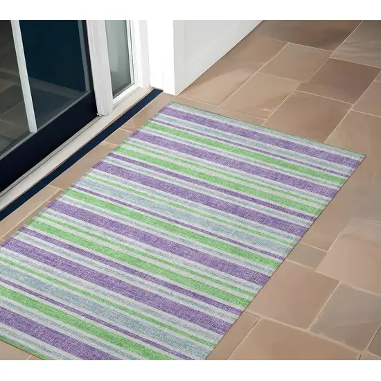 3' X 4' Lime Green Striped Washable Non Skid Indoor Outdoor Area Rug Photo 1