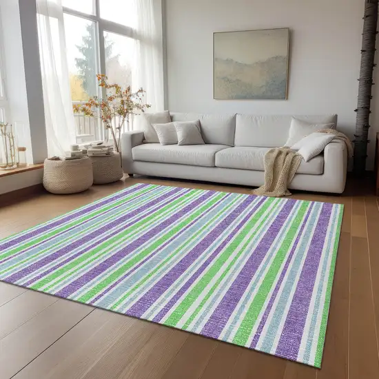 Green Purple and Blue Striped Washable Non Skid Indoor Outdoor Area Rug Photo 7