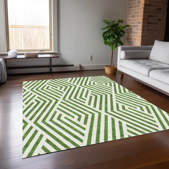 3' X 4' Lime Green and White Geometric Washable Non Skid Indoor Outdoor Area Rug Photo 9