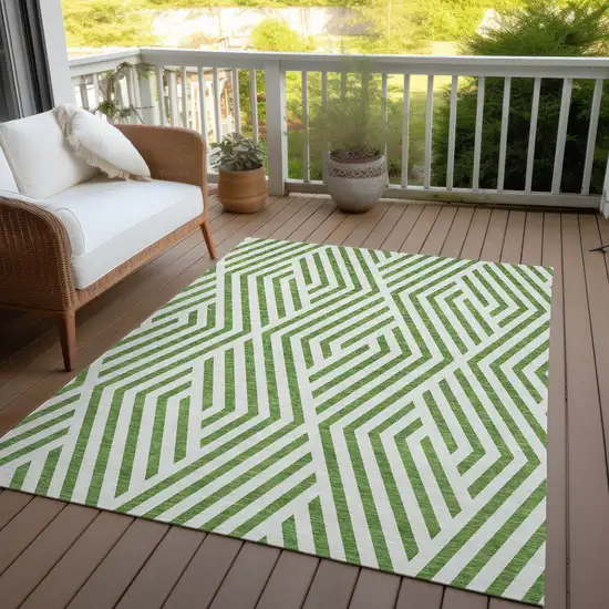 Lime Green and White Geometric Washable Non Skid Indoor Outdoor Area Rug Photo 8