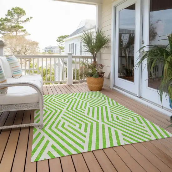 3' X 4' Lime Green and White Geometric Washable Non Skid Indoor Outdoor Area Rug Photo 8