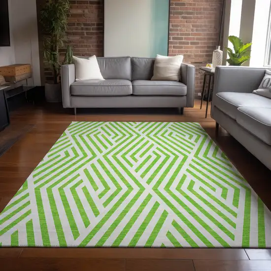 3' X 4' Lime Green and White Geometric Washable Non Skid Indoor Outdoor Area Rug Photo 9