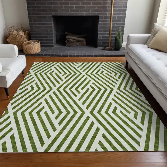 3' X 4' Lime Green and White Geometric Washable Non Skid Indoor Outdoor Area Rug Photo 9