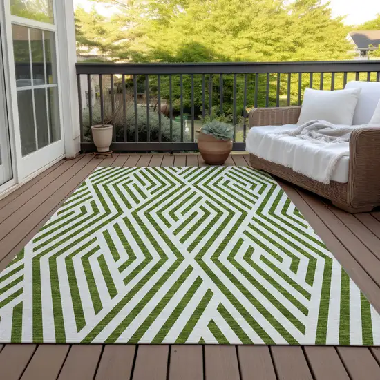 3' X 4' Lime Green and White Geometric Washable Non Skid Indoor Outdoor Area Rug Photo 8