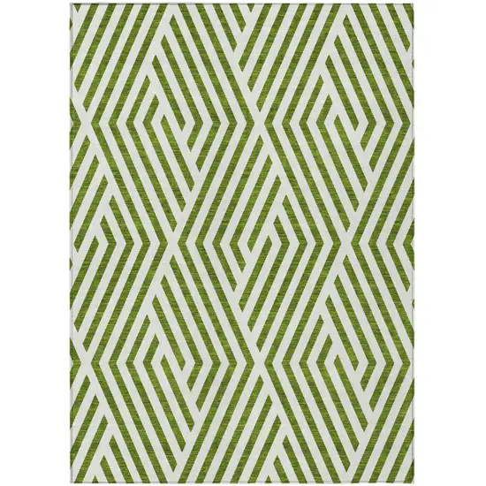 Lime Green and White Geometric Washable Non Skid Indoor Outdoor Area Rug Photo 2