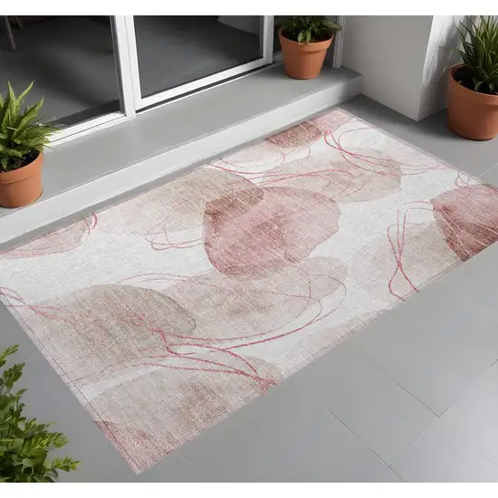 Merlot and Ivory Abstract Washable Non Skid Indoor Outdoor Area Rug Photo 1