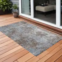 Photo of 3' X 4' Mocha and Blue Abstract Washable Non Skid Indoor Outdoor Area Rug