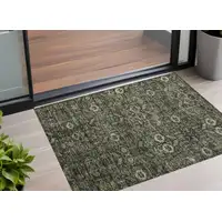 Photo of 3' X 4' Moss Green and Gray Floral Washable Non Skid Indoor Outdoor Area Rug