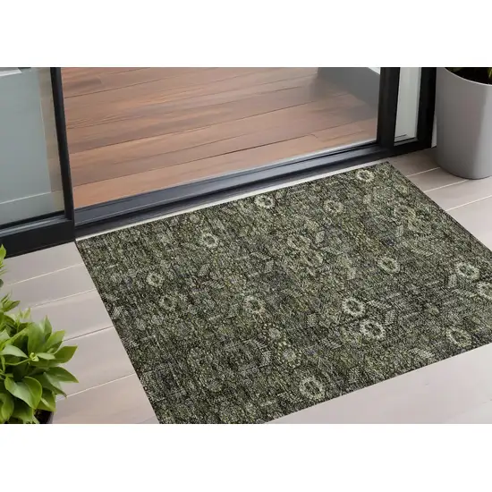 3' X 4' Moss Green and Gray Floral Washable Non Skid Indoor Outdoor Area Rug Photo 1