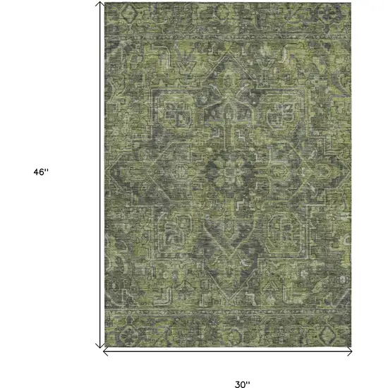 3' X 4' Moss Green and Gray Oriental Washable Non Skid Indoor Outdoor Area Rug Photo 3