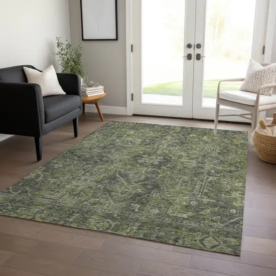 3' X 4' Moss Green and Gray Oriental Washable Non Skid Indoor Outdoor Area Rug Photo 9