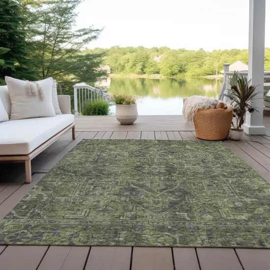 3' X 4' Moss Green and Gray Oriental Washable Non Skid Indoor Outdoor Area Rug Photo 8