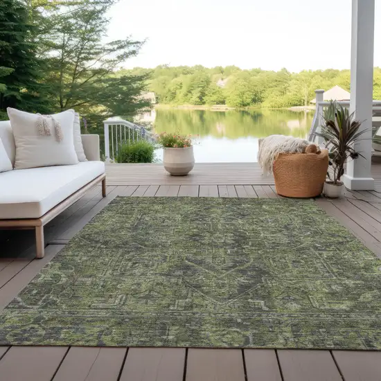 Moss Green and Gray Oriental Washable Non Skid Indoor Outdoor Area Rug Photo 8