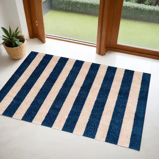 Navy And Sand Striped Tufted Washable Non Skid Area Rug Photo 1