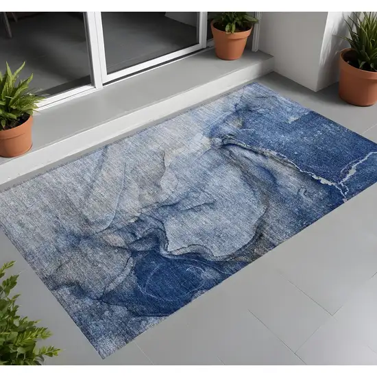 3' X 4' Navy Blue Abstract Washable Non Skid Indoor Outdoor Area Rug Photo 1