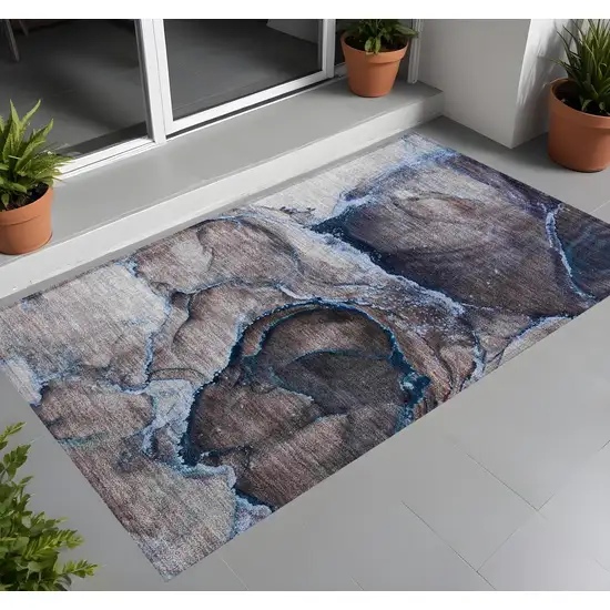 Navy Blue Abstract Washable Non Skid Indoor Outdoor Area Rug Photo 2