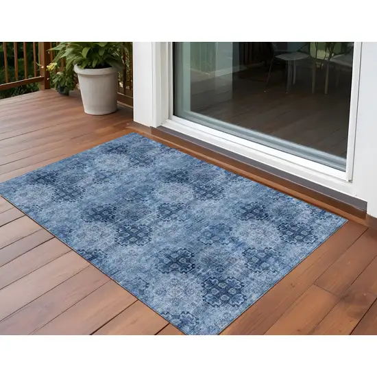 Navy Blue Floral Medallion Washable Non Skid Indoor Outdoor Area Rug Photo 1