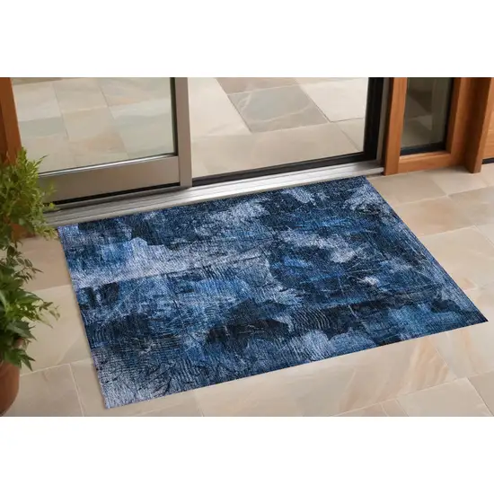 3' X 5' Navy Blue Floral Washable Non Skid Indoor Outdoor Area Rug Photo 1