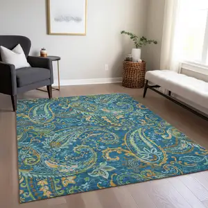 Photo of 3' X 5' Navy Blue Paisley Washable Non Skid Indoor Outdoor Area Rug