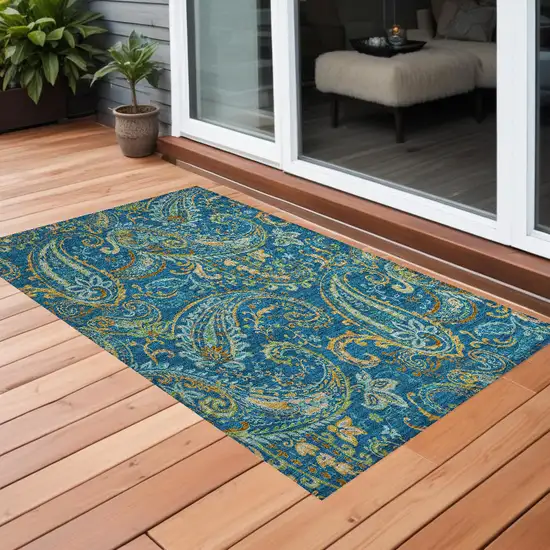 3' X 5' Navy Blue Paisley Washable Non Skid Indoor Outdoor Area Rug Photo 1