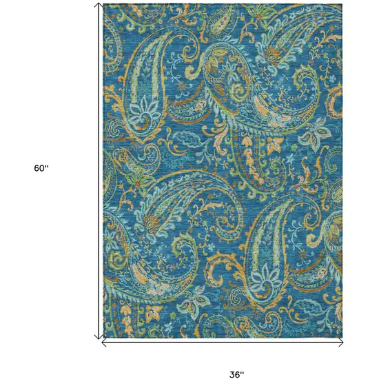 Blue Green and Gold Paisley Washable Non Skid Indoor Outdoor Area Rug Photo 3