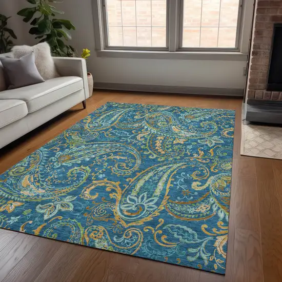 3' X 5' Navy Blue Paisley Washable Non Skid Indoor Outdoor Area Rug Photo 9