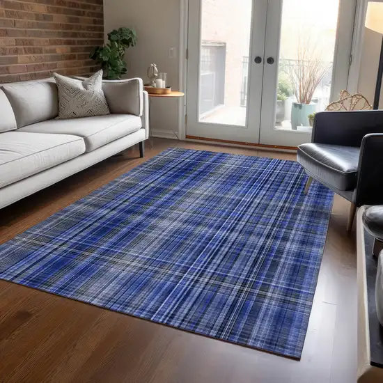 3' X 4' Navy Blue Plaid Washable Non Skid Indoor Outdoor Area Rug Photo 9