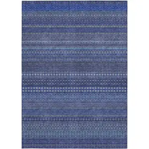 Photo of 3' X 4' Navy Blue Striped Washable Non Skid Indoor Outdoor Area Rug