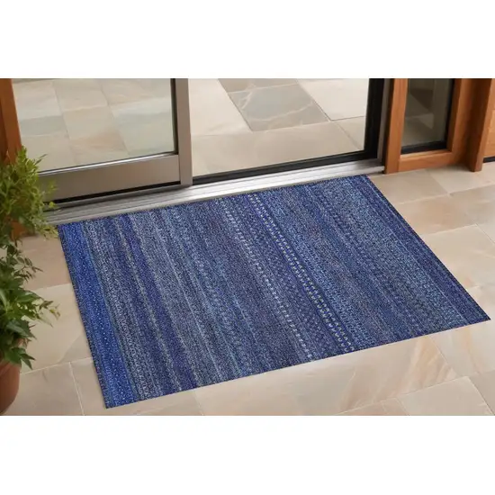 3' X 5' Navy Blue Striped Washable Non Skid Indoor Outdoor Area Rug Photo 1