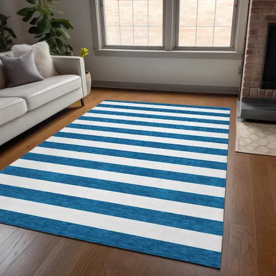 3' X 4' Navy Blue Striped Washable Non Skid Indoor Outdoor Area Rug Photo 9