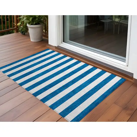 3' X 5' Navy Blue Striped Washable Non Skid Indoor Outdoor Area Rug Photo 1