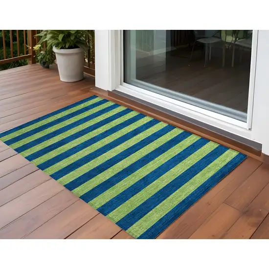 3' X 4' Navy Blue Striped Washable Non Skid Indoor Outdoor Area Rug Photo 1