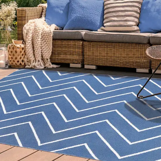 3' X 5' Navy Blue Waves Stain Resistant Indoor Outdoor Area Rug Photo 5