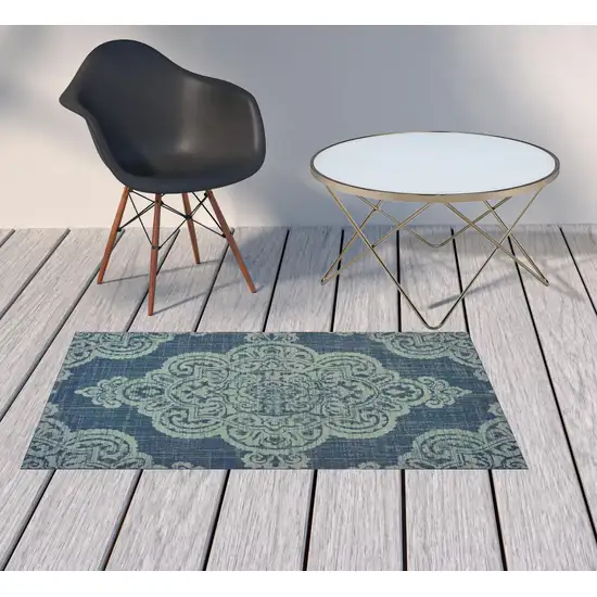 3' X 5' Navy Oriental Stain Resistant Indoor Outdoor Area Rug Photo 2