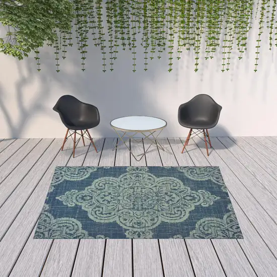 6' X 9' Navy Oriental Stain Resistant Indoor Outdoor Area Rug Photo 2