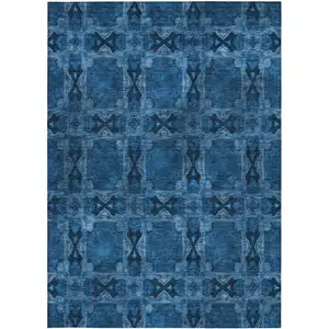 Photo of 3' X 4' Navy and Gray Floral Medallion Washable Non Skid Indoor Outdoor Area Rug