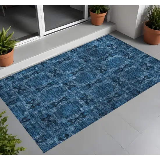 Navy and Gray Floral Medallion Washable Non Skid Indoor Outdoor Area Rug Photo 1