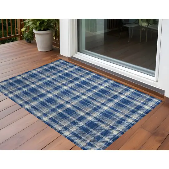 Navy and Ivory Plaid Washable Non Skid Indoor Outdoor Area Rug Photo 1