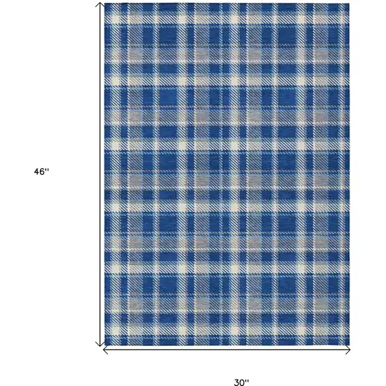 3' X 4' Navy and Ivory Plaid Washable Non Skid Indoor Outdoor Area Rug Photo 3