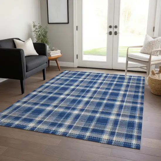 3' X 4' Navy and Ivory Plaid Washable Non Skid Indoor Outdoor Area Rug Photo 9