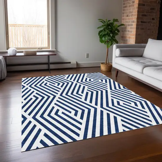 3' X 4' Navy and White Geometric Washable Non Skid Indoor Outdoor Area Rug Photo 9