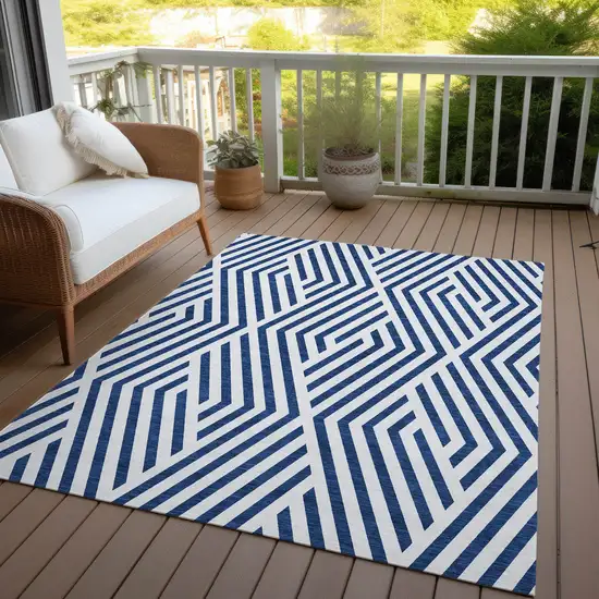 3' X 4' Navy and White Geometric Washable Non Skid Indoor Outdoor Area Rug Photo 8