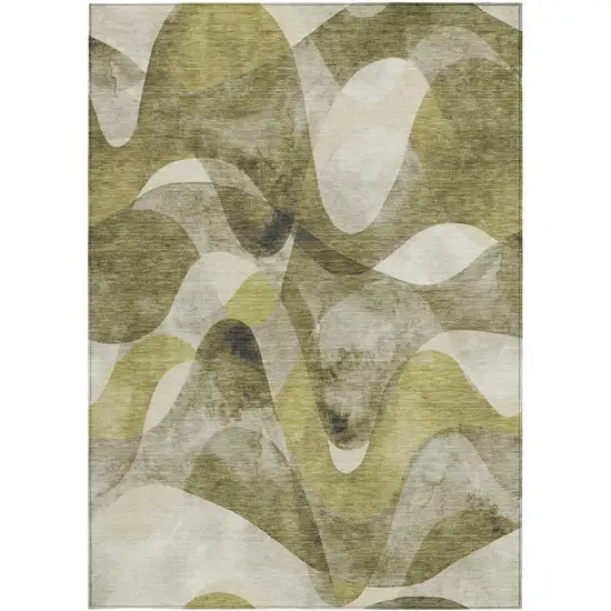 3' X 5' Olive Green Abstract Washable Non Skid Indoor Outdoor Area Rug Photo 3