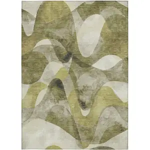 Photo of 3' X 5' Olive Green Abstract Washable Non Skid Indoor Outdoor Area Rug