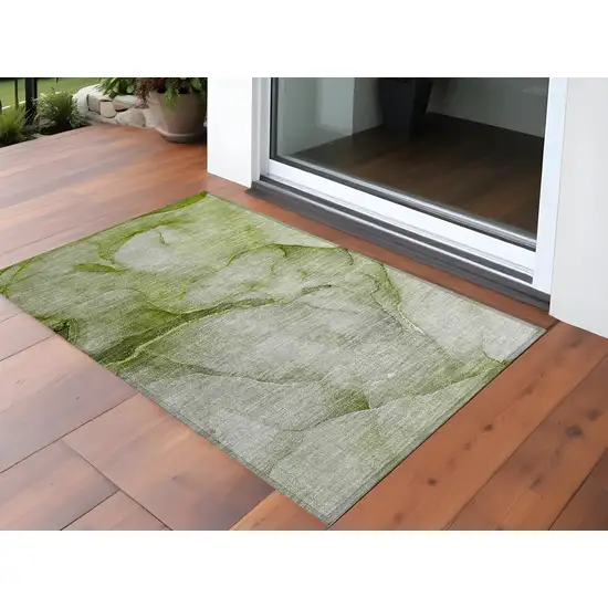 3' X 4' Olive Green Abstract Washable Non Skid Indoor Outdoor Area Rug Photo 1