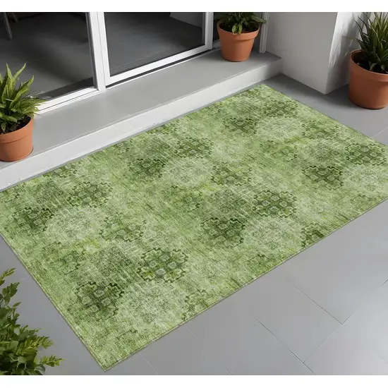 Olive Green Floral Medallion Washable Non Skid Indoor Outdoor Area Rug Photo 1