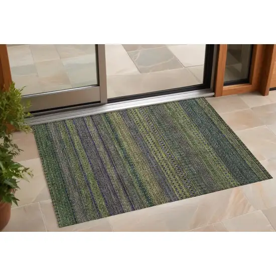 3' X 4' Olive Green Striped Washable Non Skid Indoor Outdoor Area Rug Photo 1