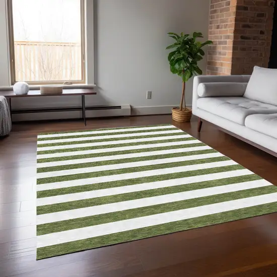 3' X 4' Olive Green Striped Washable Non Skid Indoor Outdoor Area Rug Photo 9